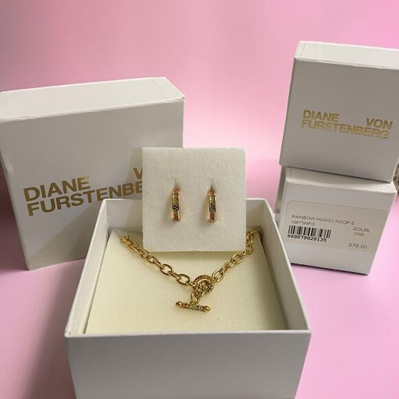 Diane Von Furstenberg DVF Multicolor Swarovski Toggle Necklace Earrings Set NWT - Picture 1 of 13